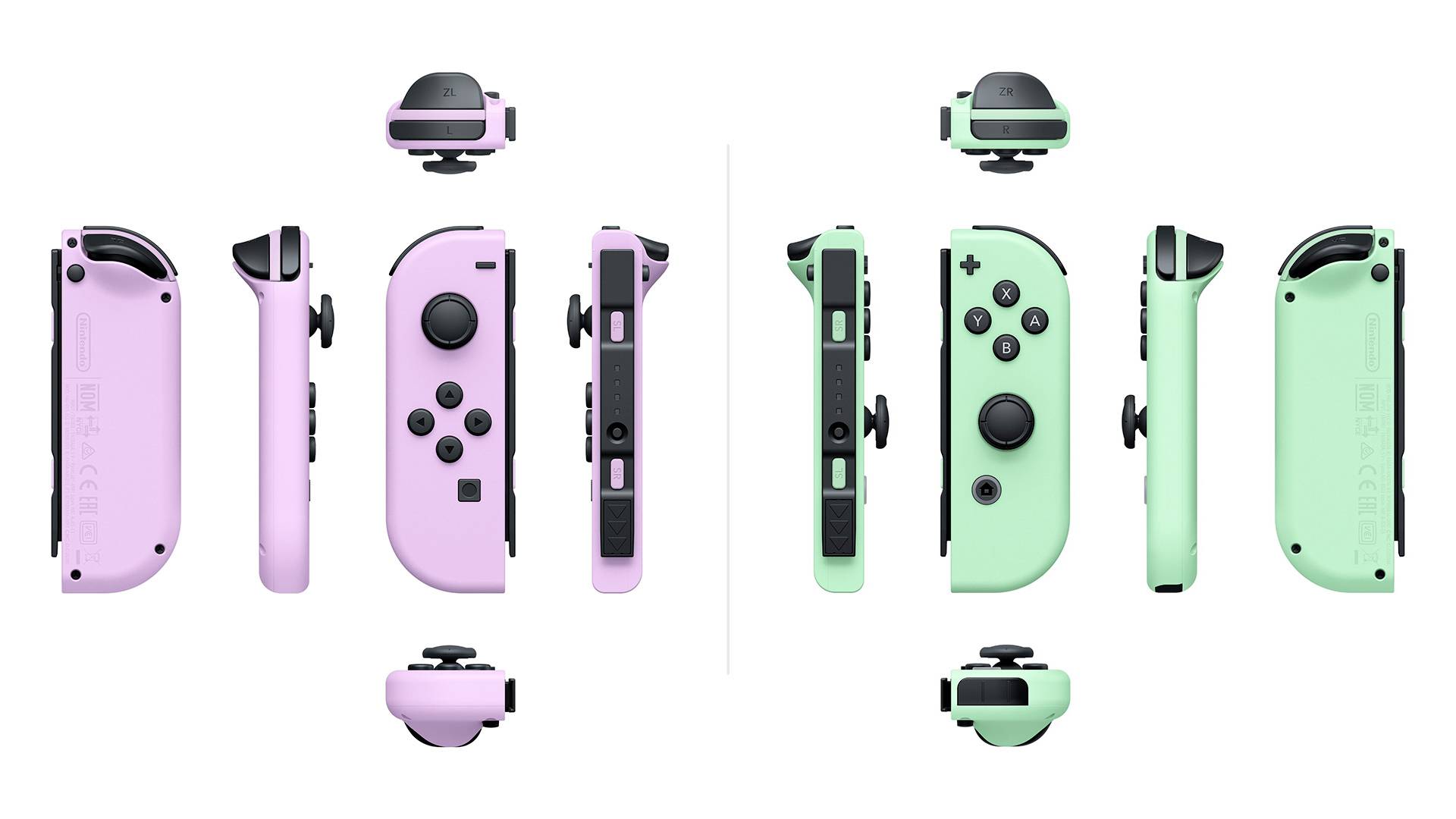 Dwa kontrolery Nintendo Switch Joy-Con, lewy w kolorze fioletowym, a prawy w kolorze zielonym, przedstawione z różnych perspektyw i z widocznymi przyciskami.