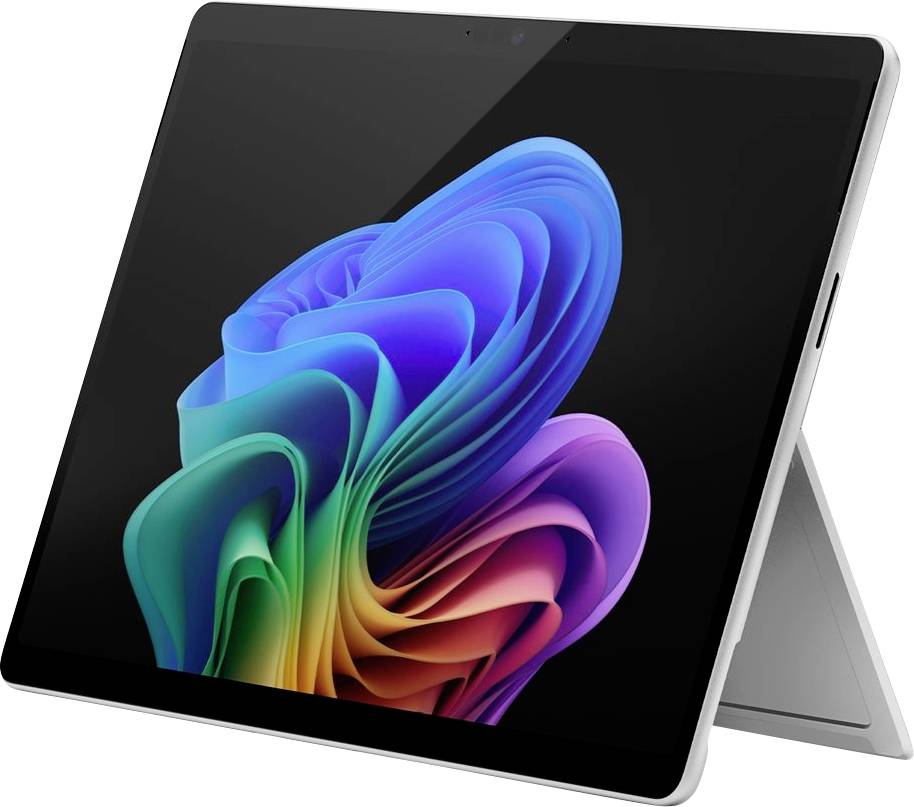 Tablet w trybie stojącym z kolorową grafiką na ekranie, przedstawiającą płynne, wielobarwne kształty.