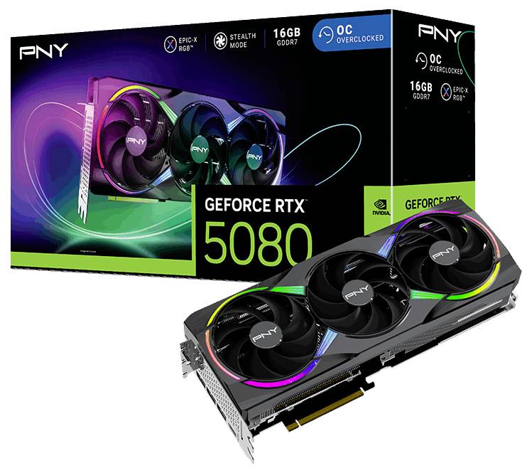 Karta graficzna z trzema wentylatorami i podświetleniem RGB, model 'PNY GeForce RTX 5080'. Opakowanie prezentuje specyfikacje i logo.