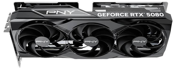 Czarna karta graficzna z trzema wentylatorami z napisem 'PNY GeForce RTX 5080' na górnej części obudowy.