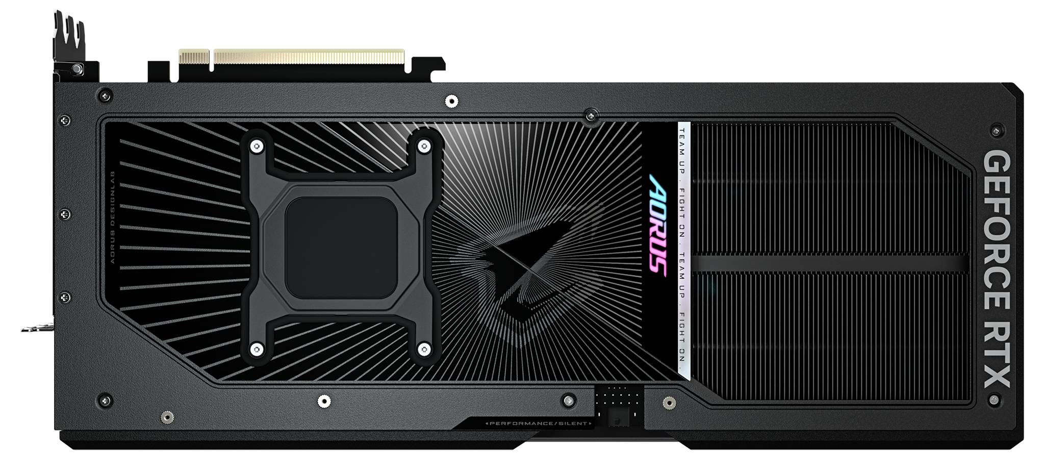 Karta graficzna z napisem 'GEFORCE RTX'. Czarny design z podświetleniem RGB i logo marki. Widoczne są wentylatory oraz sloty przyłączeniowe.