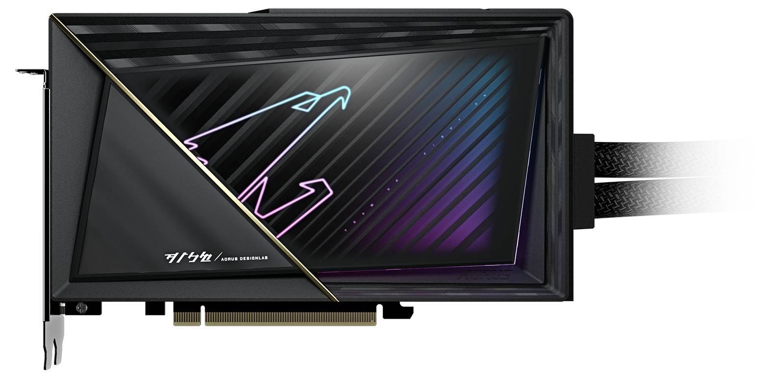 Czarna karta graficzna z logo świecącym na niebiesko i fioletowo. Posiada smukłą, nowoczesną stylistykę z wieloma złączami kablowymi.