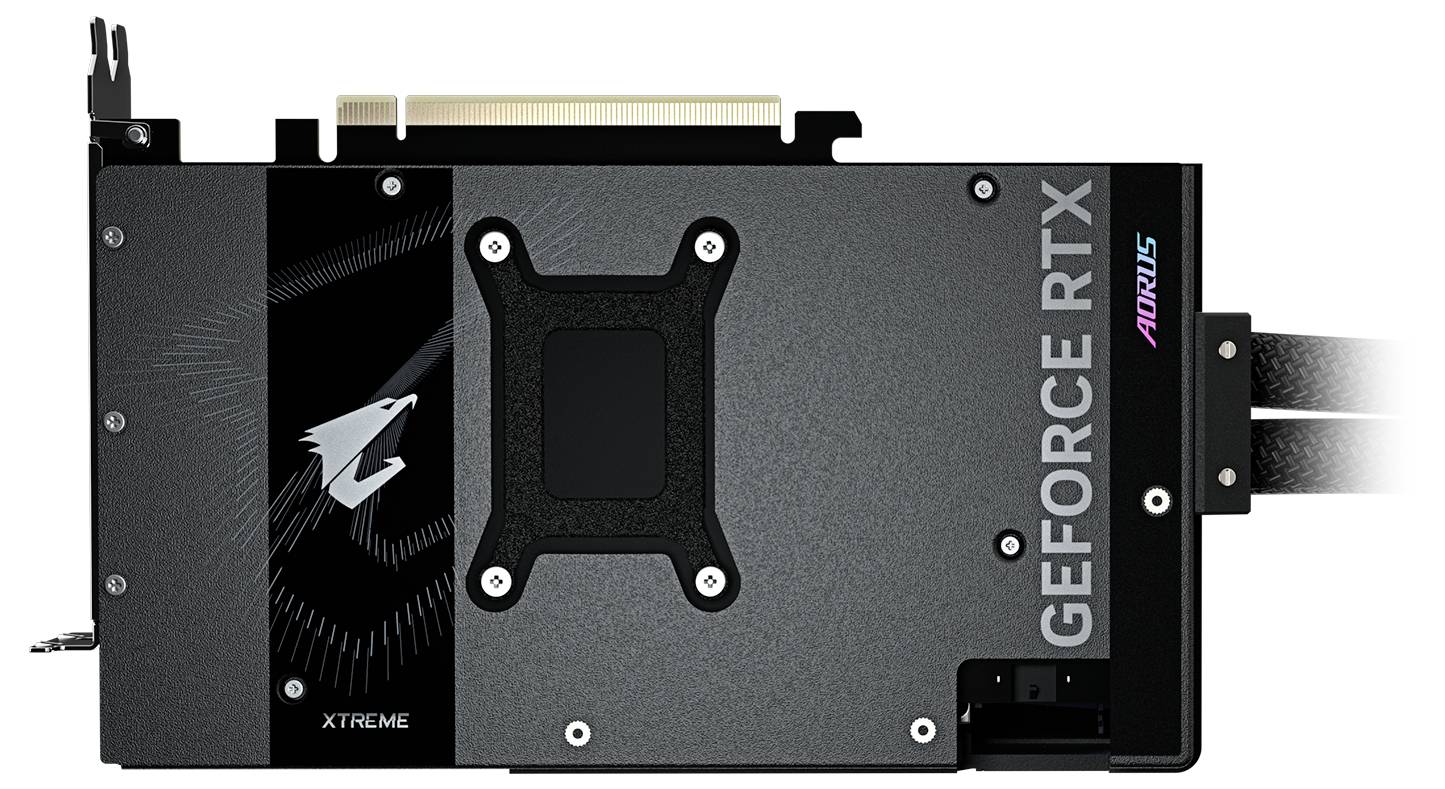 Karta graficzna z napisem 'GEFORCE RTX' i 'AORUS', na której widnieje logo orła. Po lewej stronie znajduje się napis 'XTREME'.