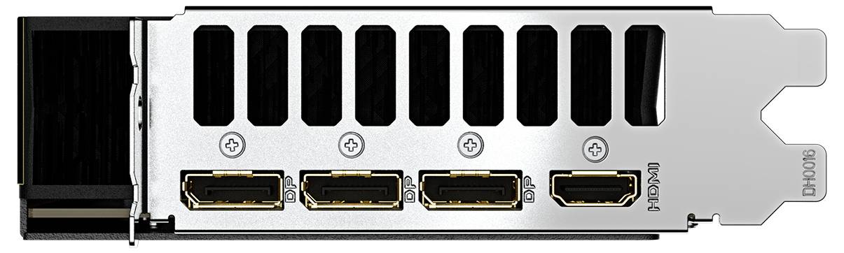 Karta graficzna z czterema wejściami HDMI i wentylowaną obudową. Złącza są ułożone w jednym rzędzie, otoczone szczelinami wentylacyjnymi.