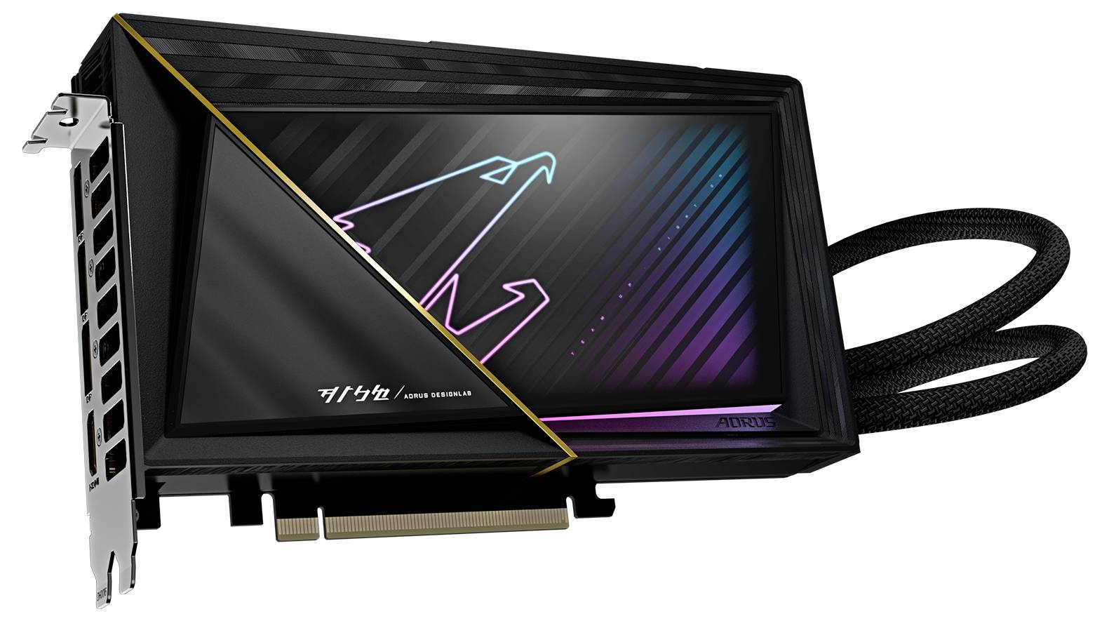 Karta graficzna z logo LED i gniazdem PCIe po prawej stronie wentylowanej ścianki bocznej. Czarny, nowoczesny design z podświetleniem RGB.