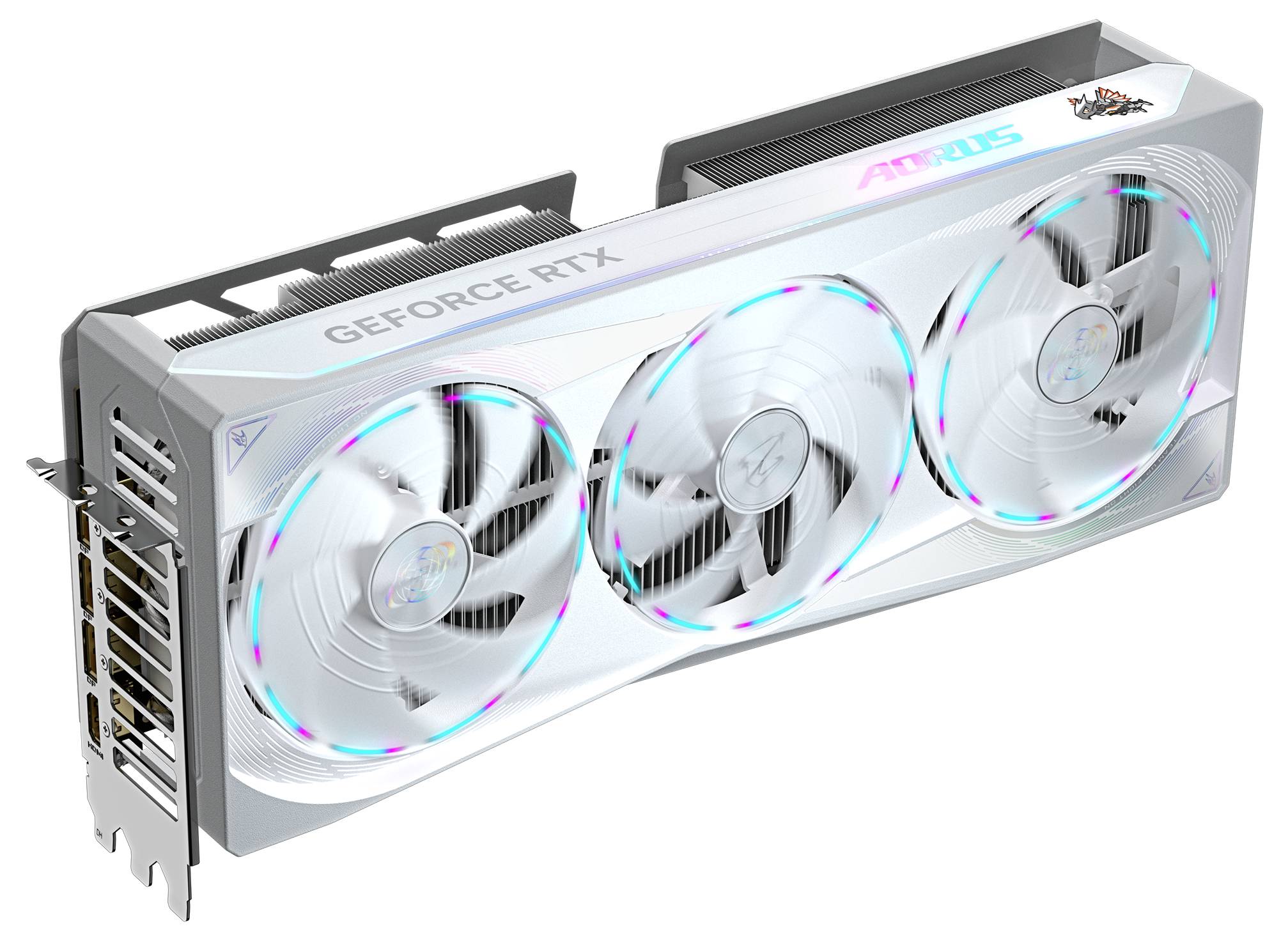 Karta graficzna do gier z trzema wentylatorami, oznaczona napisami 'GeForce RTX' i 'AORUS', prezentuje nowoczesne rozwiązanie chłodzenia.