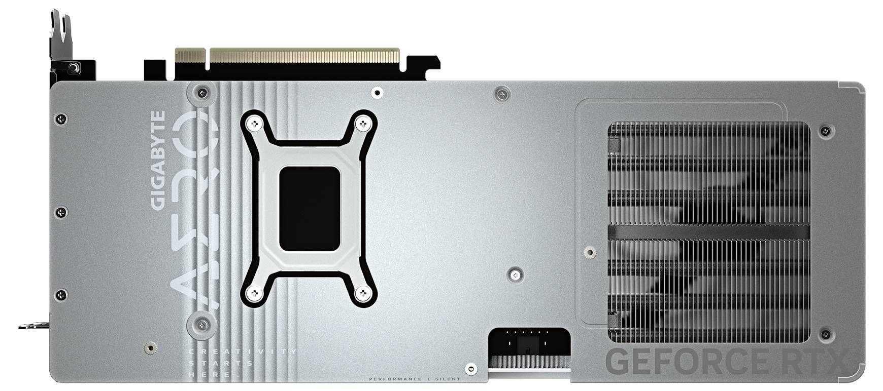 Srebrzysta tylna strona karty graficznej Gigabyte z widoczną kratką wentylacyjną i napisem 'GeForce RTX'.