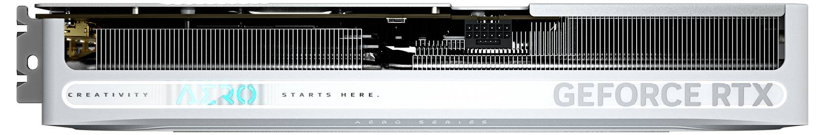 Biała karta graficzna z napisem 'CREATIVITY STARTS HERE' i 'GIGABYTE GEFORCE RTX' z boku. Widoczne żeberka chłodzące.