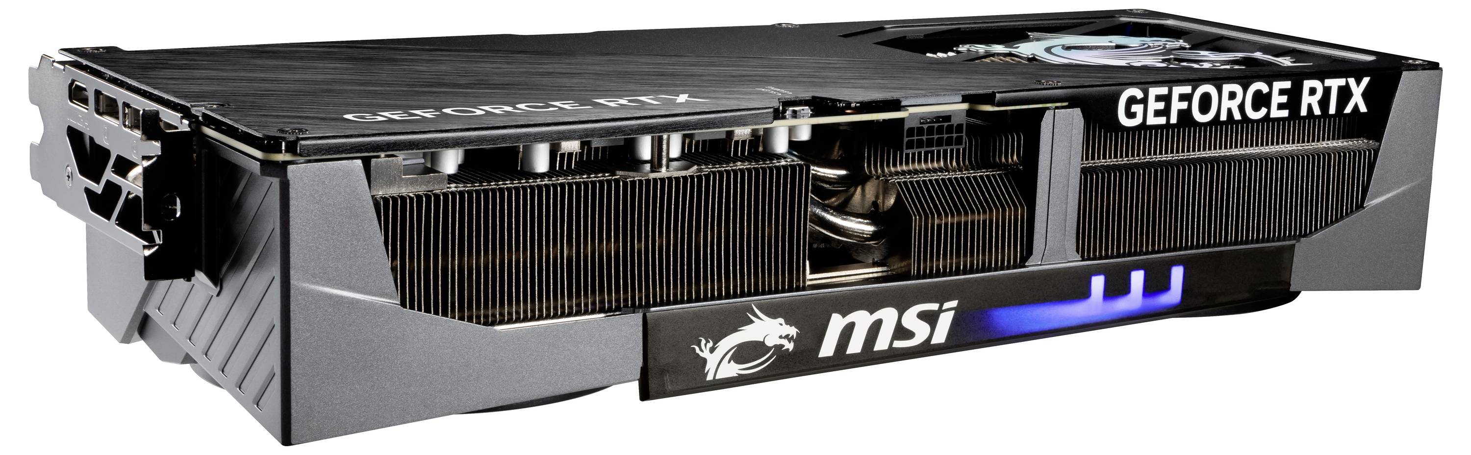 Karta graficzna MSI, model GeForce RTX, o atrakcyjnym designie z widocznymi żebrami chłodzącymi, przeznaczona do wymagającego gamingu.