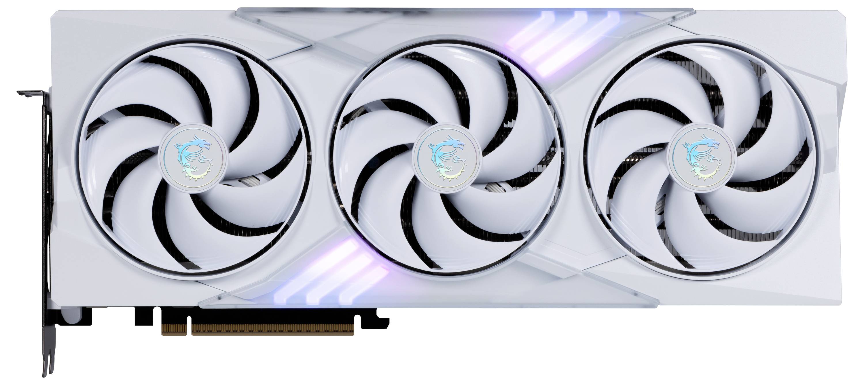Biała karta graficzna z trzema dużymi wentylatorami i podświetleniem RGB, którą można zainstalować w obudowie komputera.
