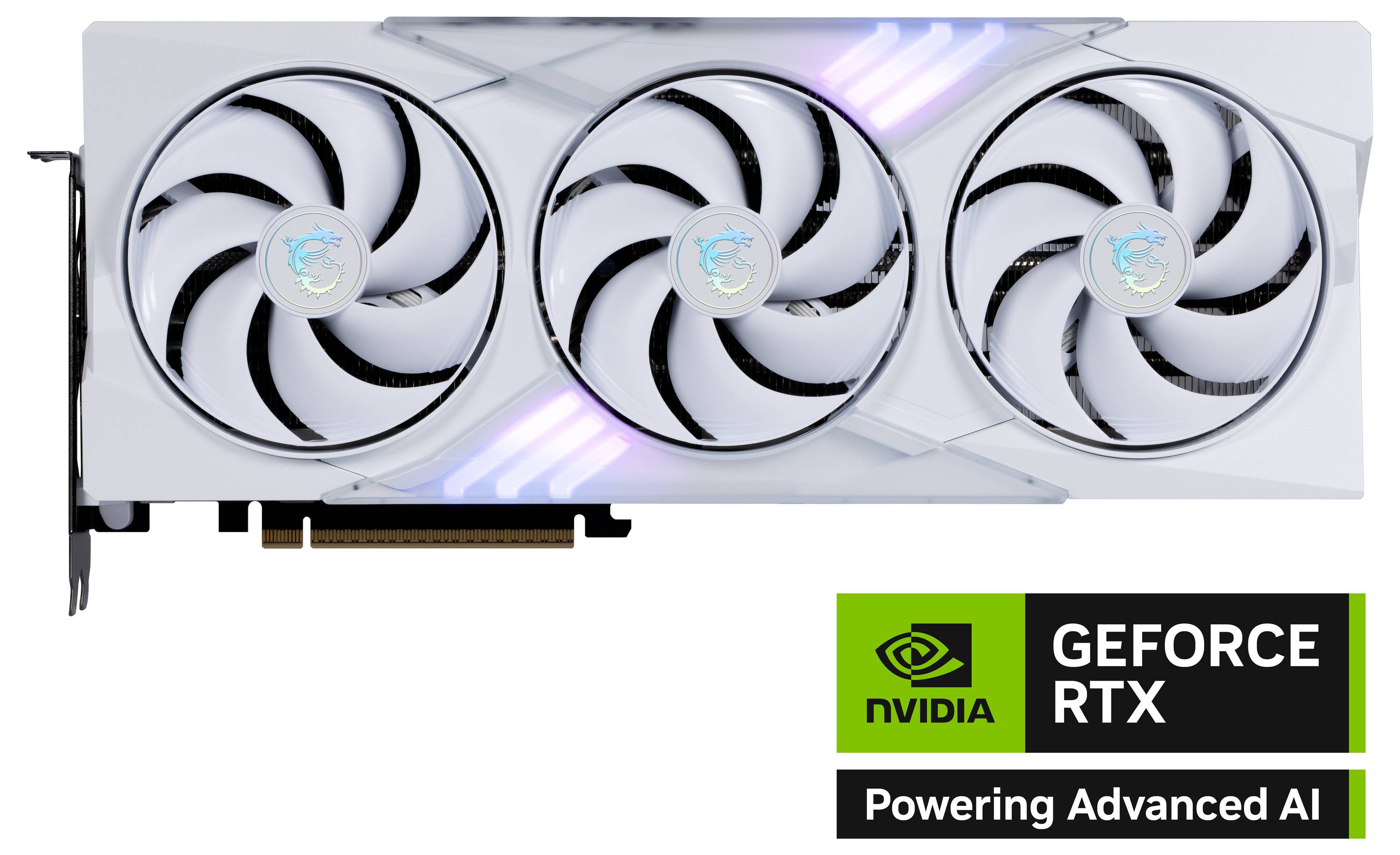 Biała karta graficzna NVIDIA GeForce RTX z trzema wentylatorami i podświetleniem RGB. Tekst: 'Napędzamy Zaawansowaną Sztuczną Inteligencję'.