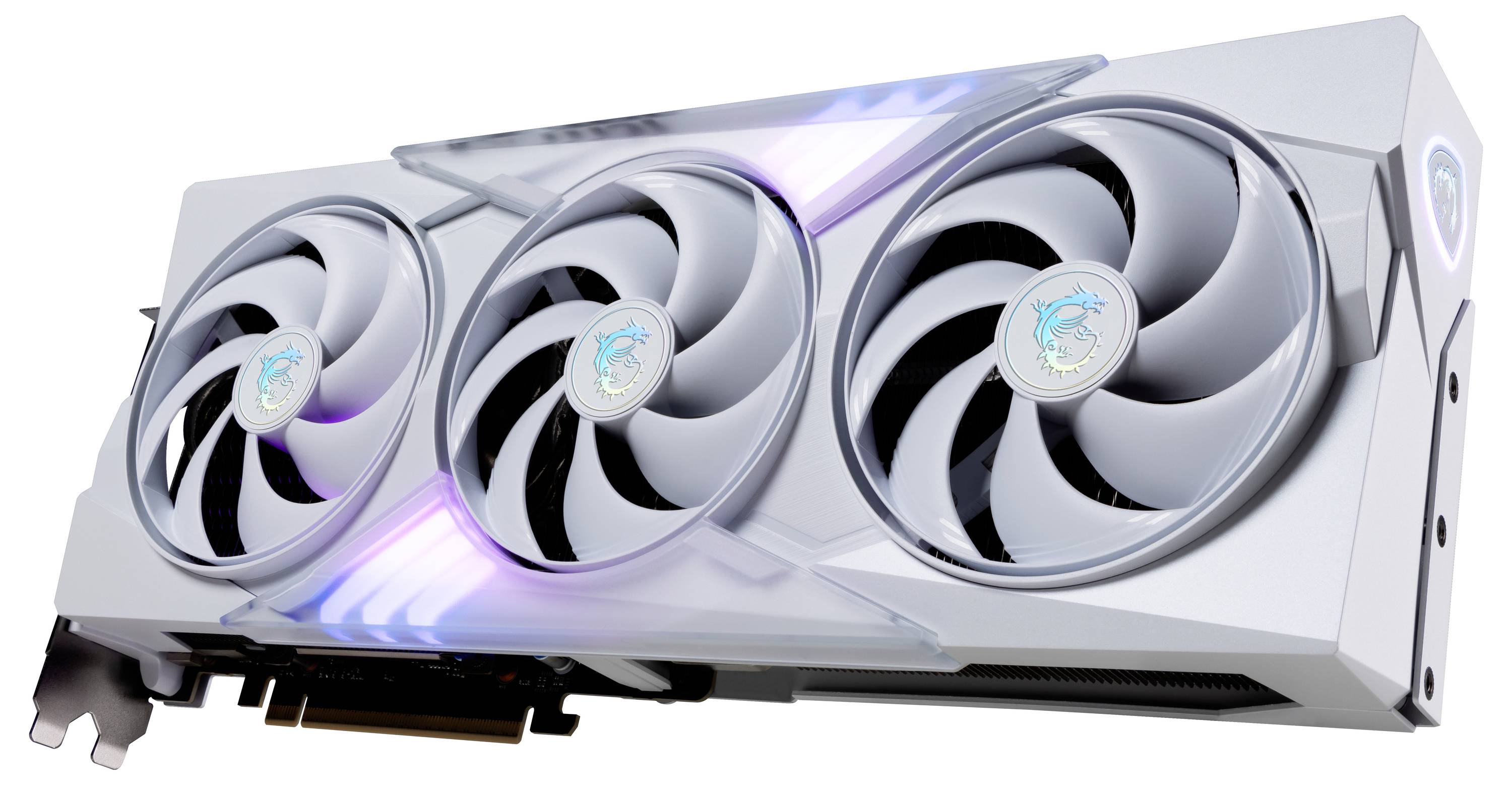 Biała karta graficzna z trzema wentylatorami i podświetleniem RGB. Posiada nowoczesny design i jest stosowana w komputerach.