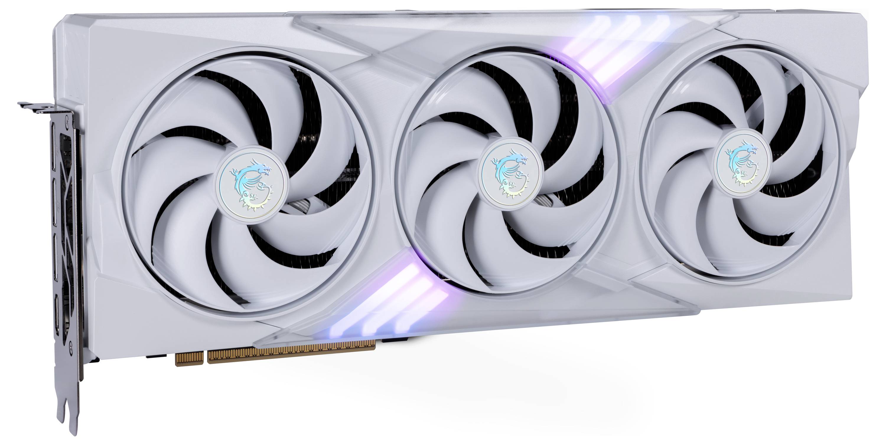 Biała karta graficzna z trzema wentylatorami i fioletowo-niebieskim podświetleniem LED po bokach.