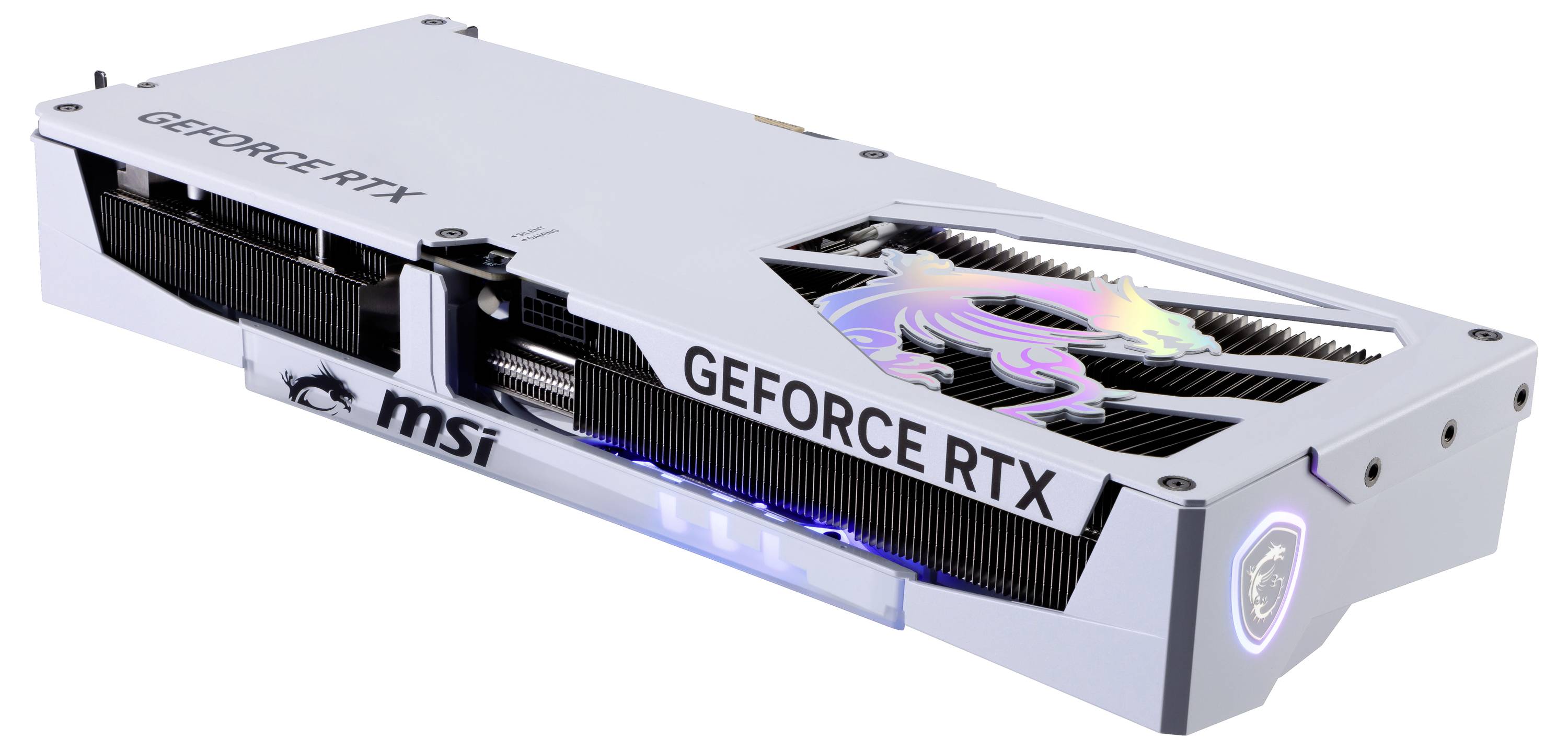 Karta graficzna MSI GeForce RTX, srebrny design z podświetlanym logo smoka. Widok z boku ukazuje żeberka chłodzące i podświetlenie RGB.