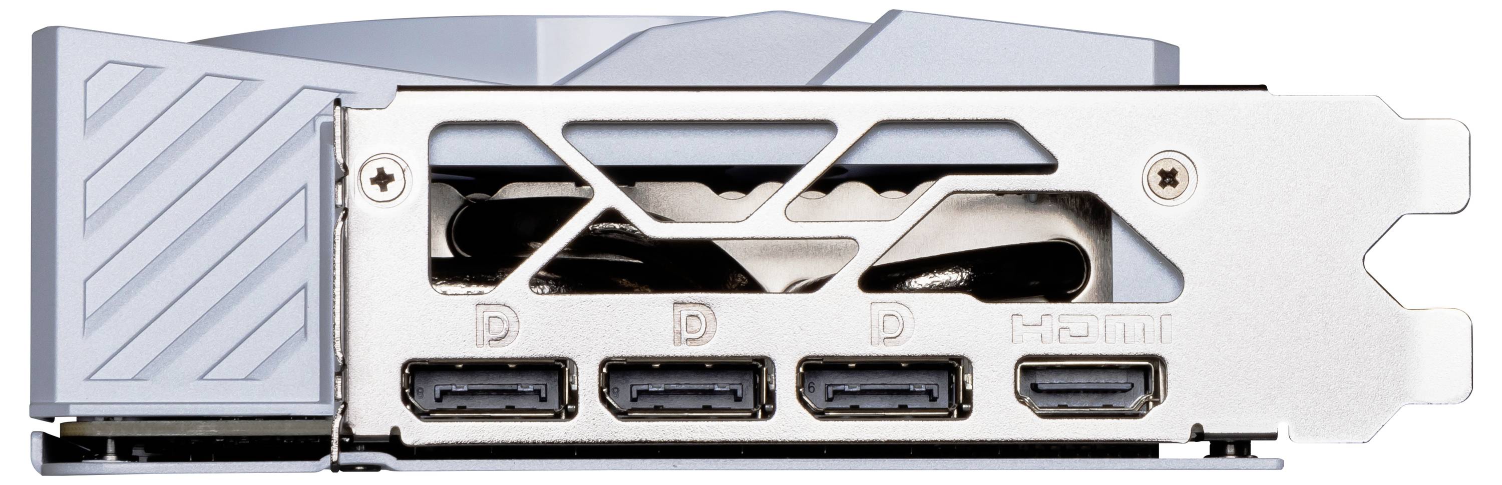 Karta graficzna z dwoma złączami DisplayPort i dwoma złączami HDMI, ze szczegółowym widokiem na stronę złączy.