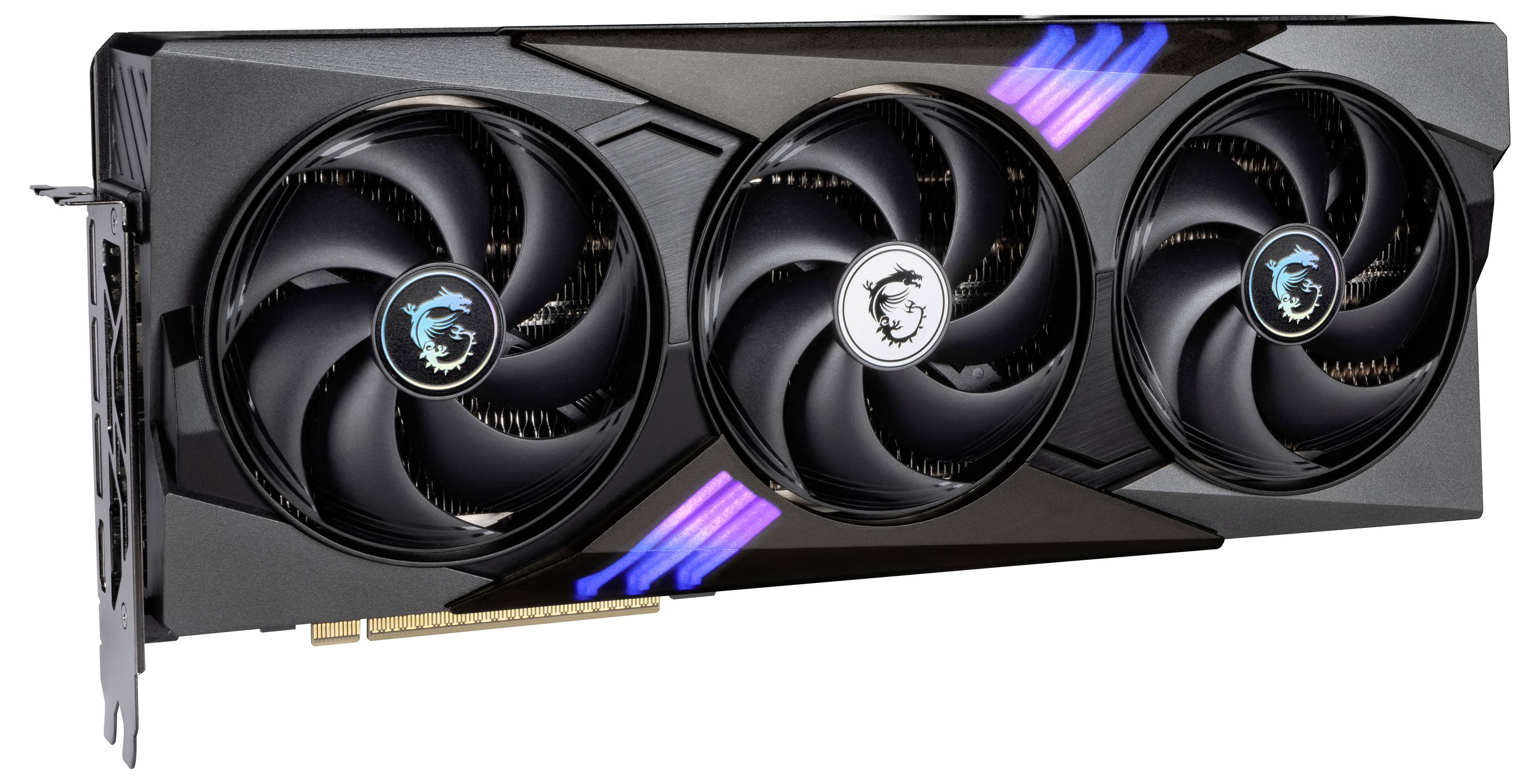 Czarna karta graficzna z trzema wentylatorami i podświetlanymi paskami LED. Jest utrzymana w nowoczesnym designie.