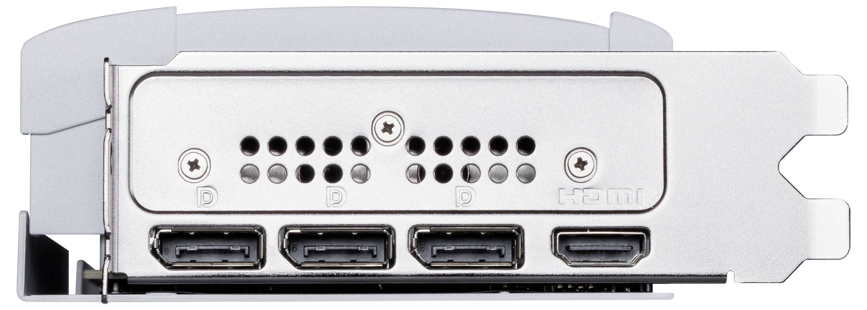 Widok z tyłu karty graficznej z czterema wyjściami DisplayPort.