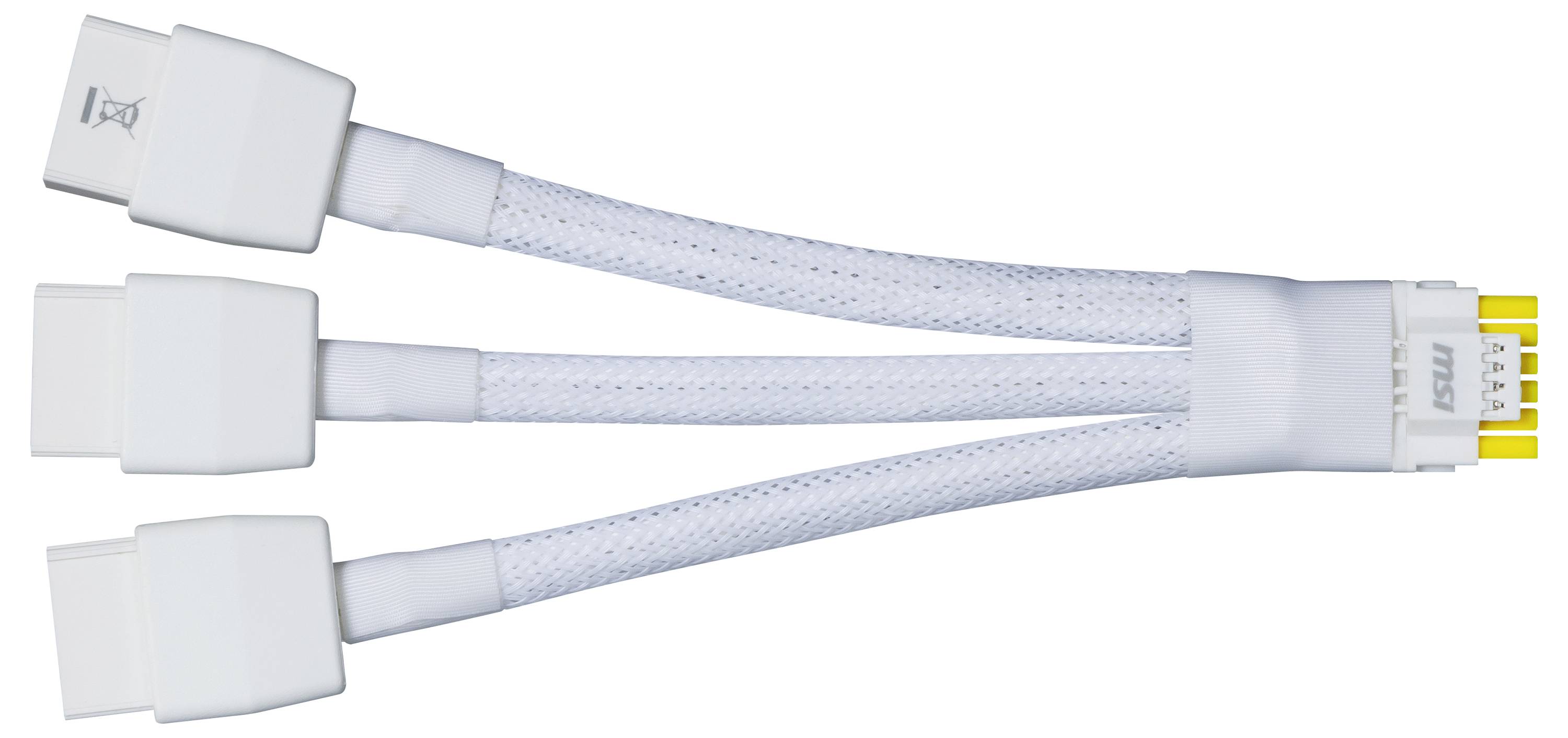 Trzy białe kable z wtyczkami na jednym końcu i wspólną wtyczką na drugim końcu. Łączy wiele urządzeń z jednym urządzeniem głównym.