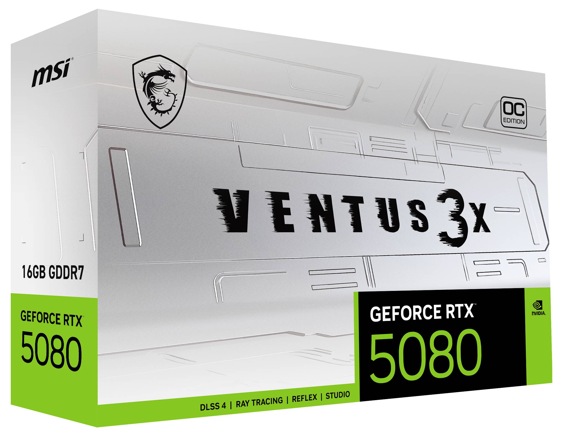 Opakowanie 'GeForce RTX 5080 VENTUS 3X OC Edition' prezentuje szczegóły karty graficznej: 16GB GDDR7, DLSS 4, Ray Tracing, Reflex, Studio, logo MSI.