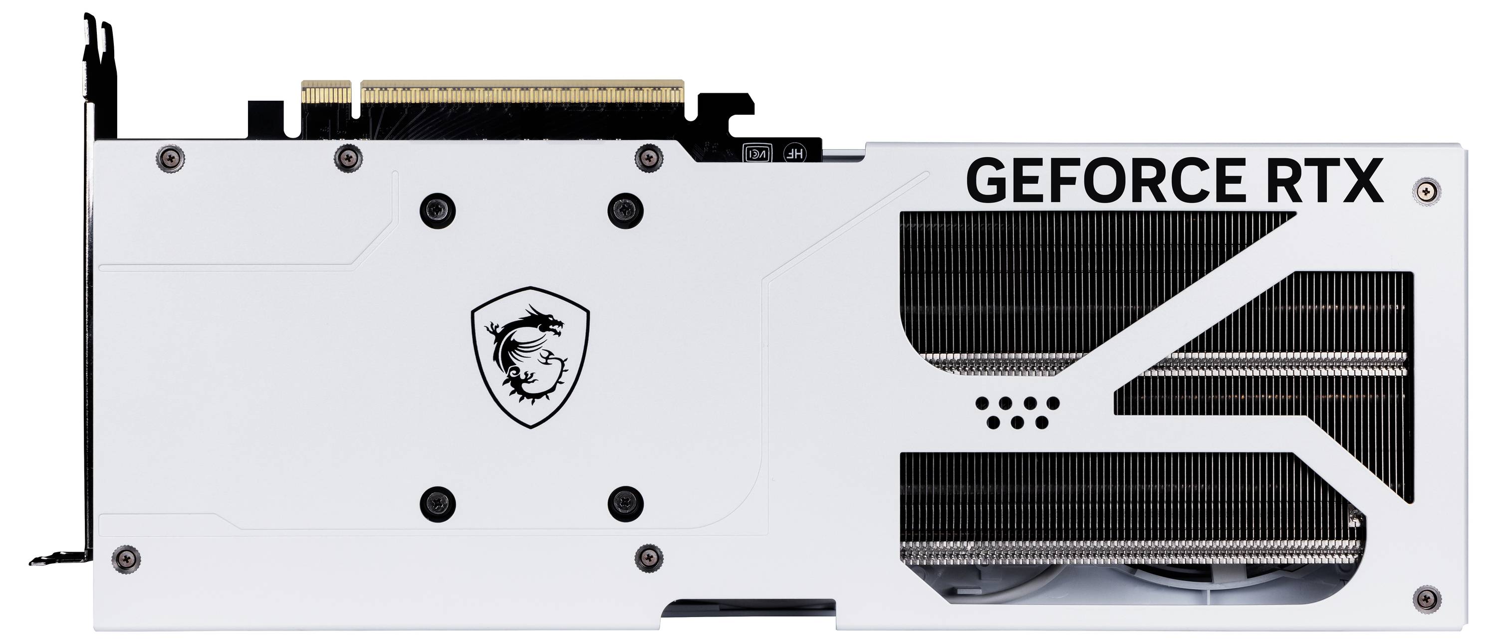 Biała tylna strona karty graficznej GeForce RTX z czarno-białymi elementami designu i emblematem smoka.