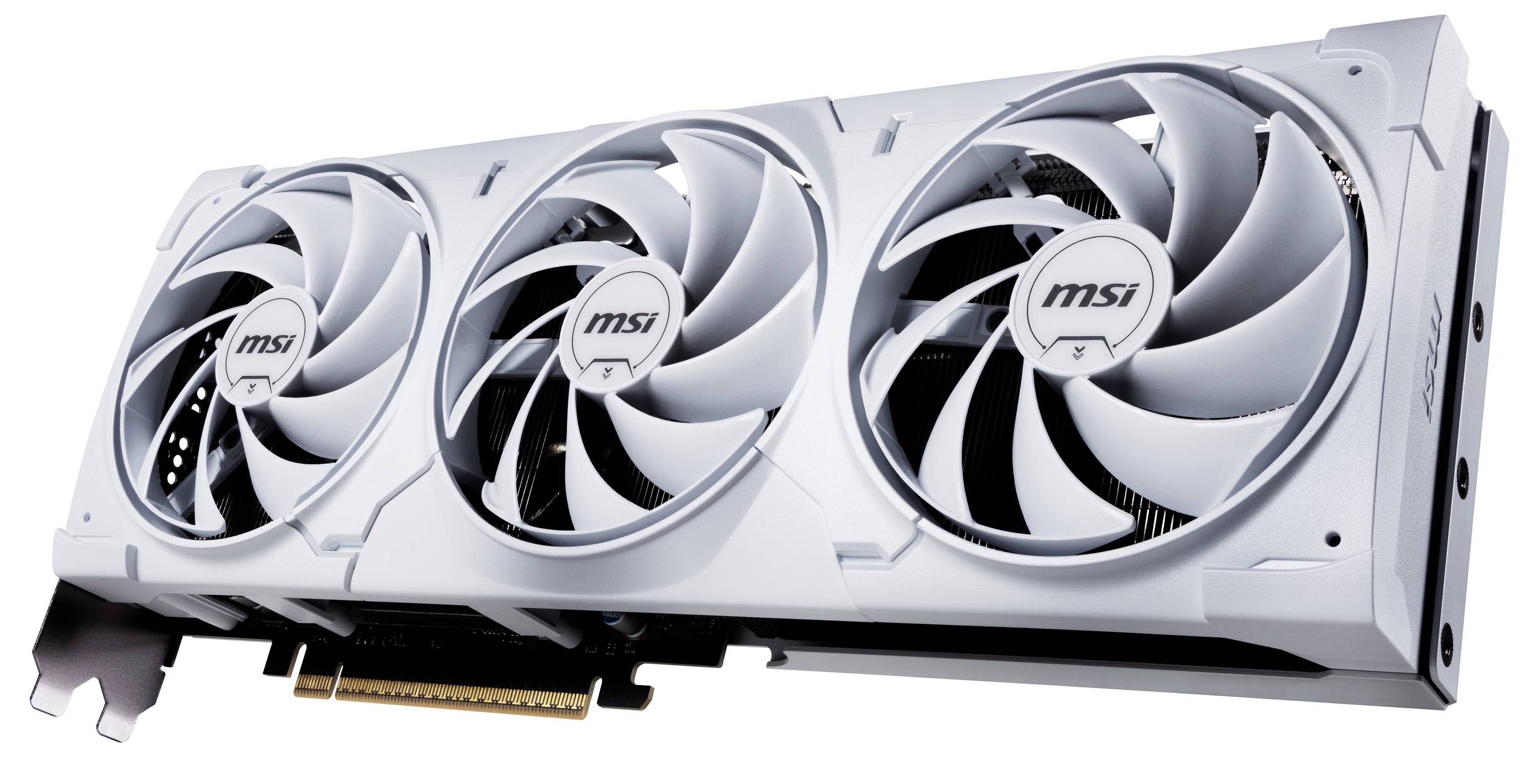 Biała karta graficzna firmy MSI z trzema dużymi wentylatorami, przeznaczona do wydajnych zastosowań komputerowych i gamingu.