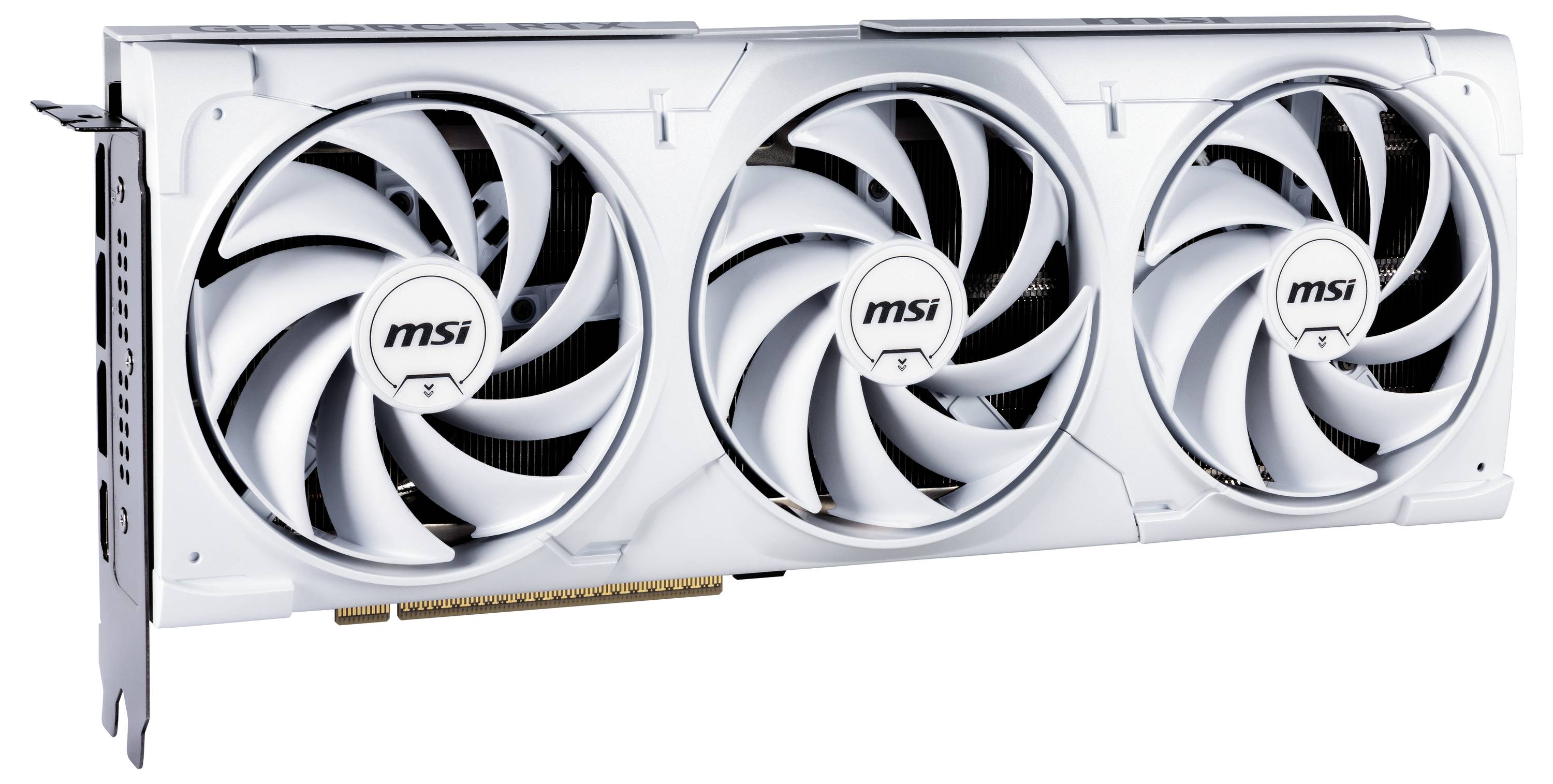 Biała karta graficzna MSI z potrójnym wentylatorem, prezentująca duży radiator i wentylatory dla lepszego odprowadzania ciepła.