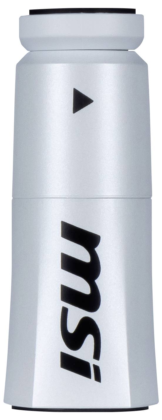 Srebrne urządzenie z logo 'msi' i strzałką skierowaną w górę, prawdopodobnie akcesorium techniczne lub element sprzętu.