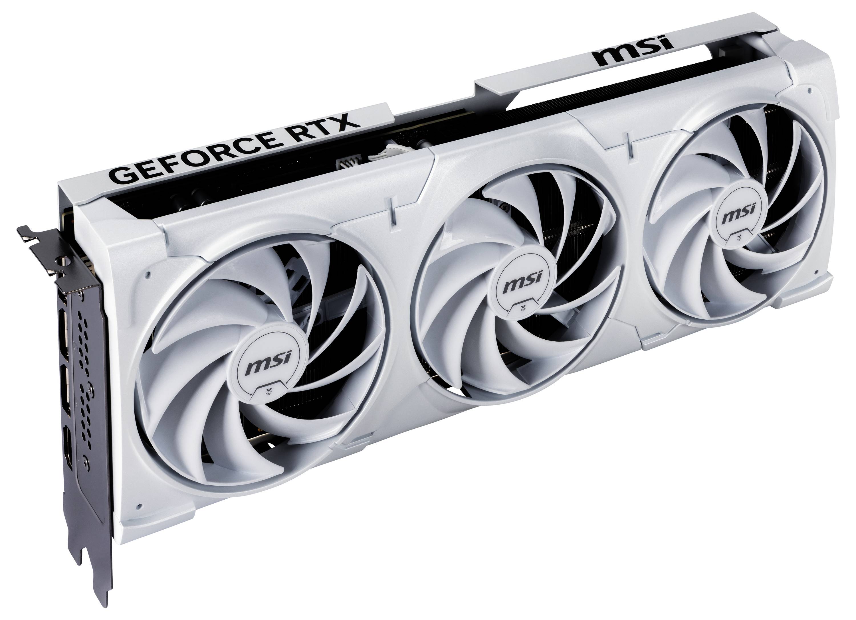 Karta graficzna MSI z trzema wentylatorami, białą obudową i napisem 'GeForce RTX'.