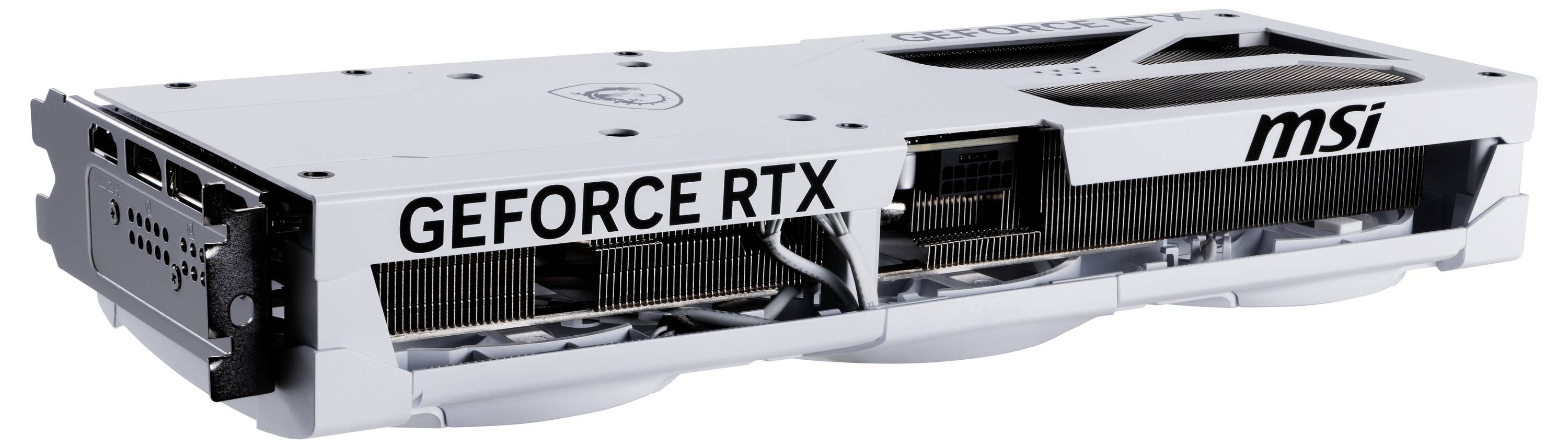 Biała karta graficzna MSI 'GEFORCE RTX', widok z boku z widocznymi wentylatorami i złączami, przeznaczona do wydajnych komputerów.