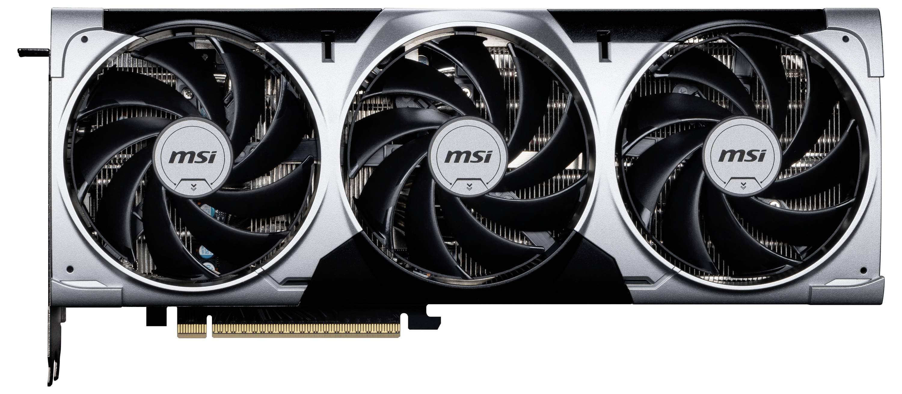 Karta graficzna z trzema dużymi wentylatorami do chłodzenia, logo marki 'MSI' na każdym wentylatorze. Wysokowydajna podzespół do gier i grafiki.