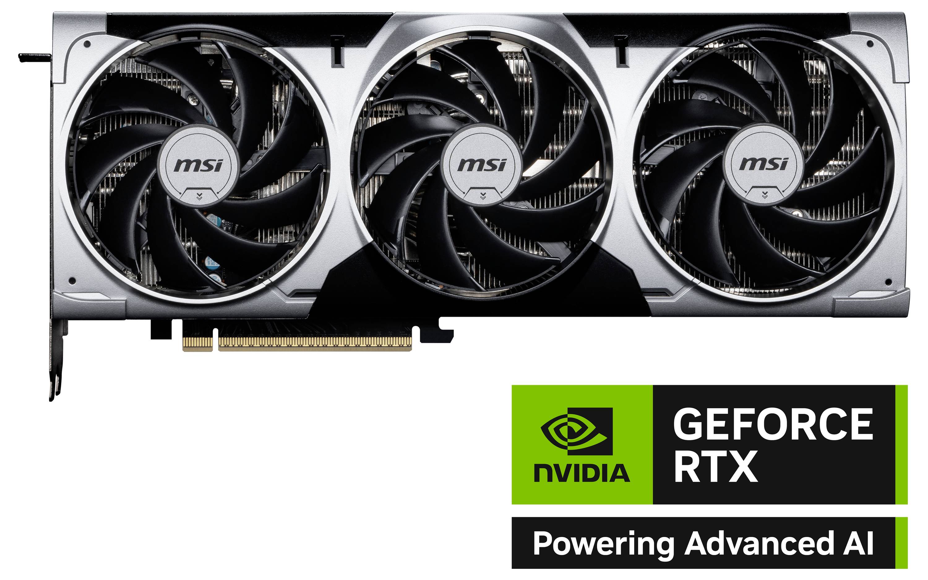 Karta graficzna NVIDIA GeForce RTX firmy MSI z trzema wentylatorami. Poniżej logo NVIDIA z napisem 'Napędzamy zaawansowaną sztuczną inteligencję'.