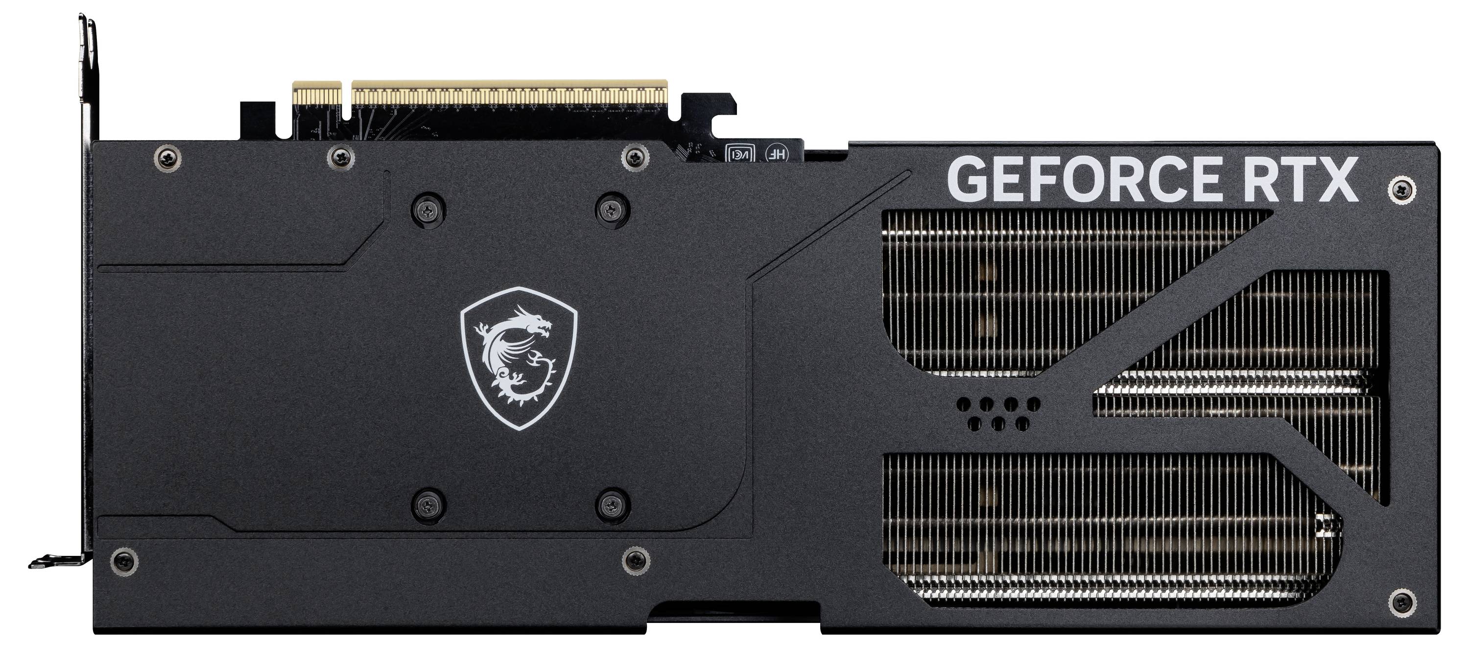 Czarna karta graficzna z napisem 'GEFORCE RTX' i logo smoka firmy MSI. Z tyłu widoczne są szczeliny wentylacyjne.