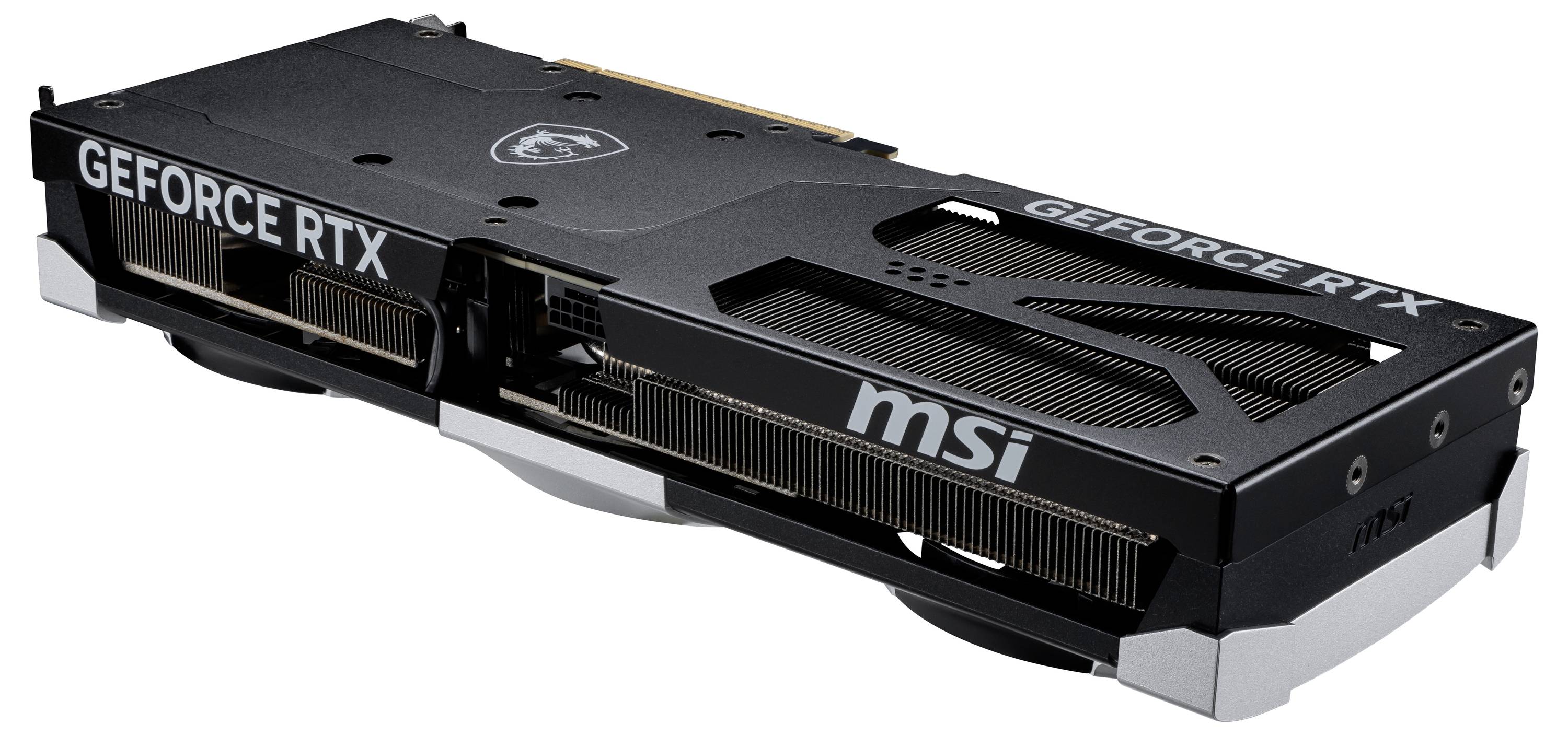 Karta graficzna MSI GeForce RTX, czarna, widok z boku; widoczne wentylatory i żeberka chłodzące, przeznaczona do gier i zastosowań graficznych.