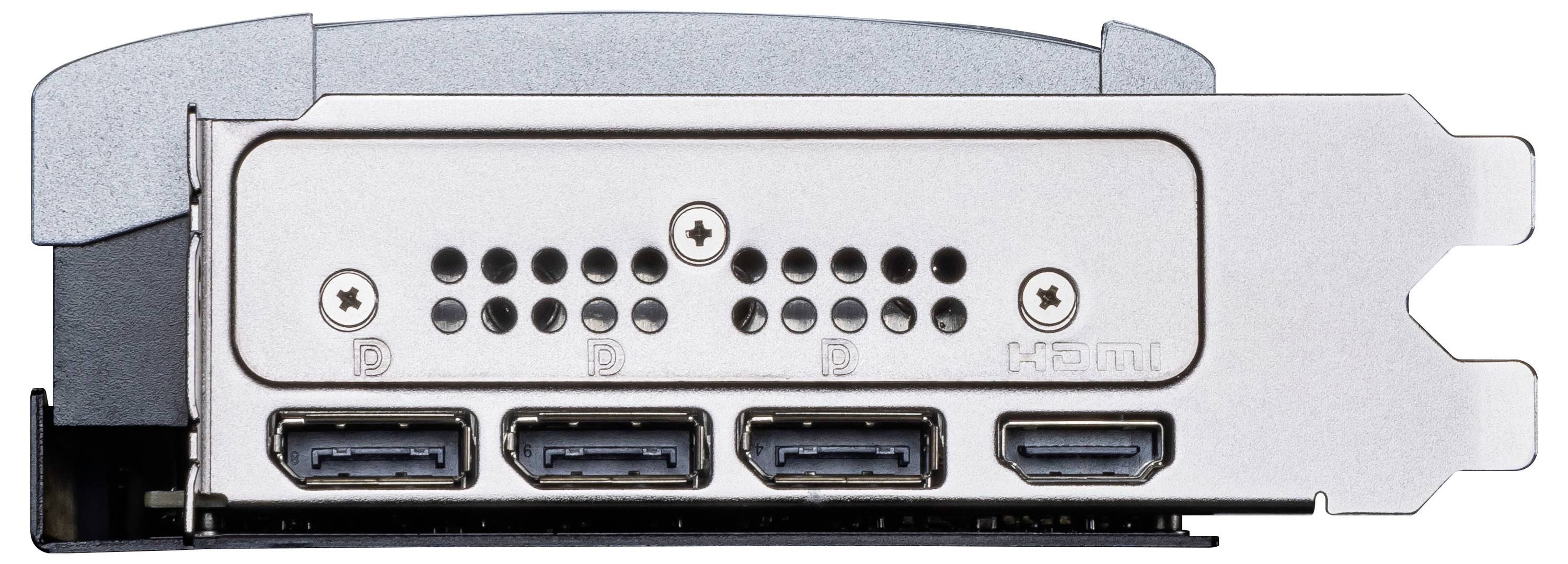 Prezentacja tylnej części karty graficznej z dwoma złączami DisplayPort i jednym złączem HDMI.