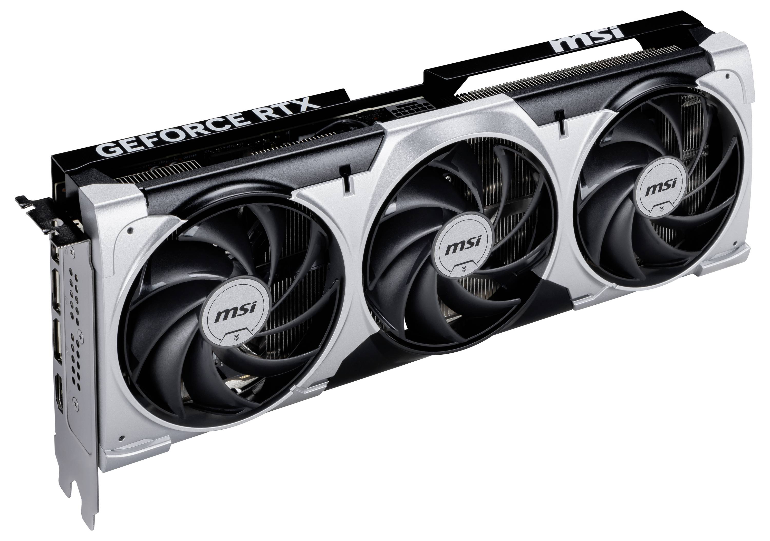 Karta graficzna MSI GeForce RTX z trzema wentylatorami, w czarno-srebrnym designie, sfotografowana z boku.