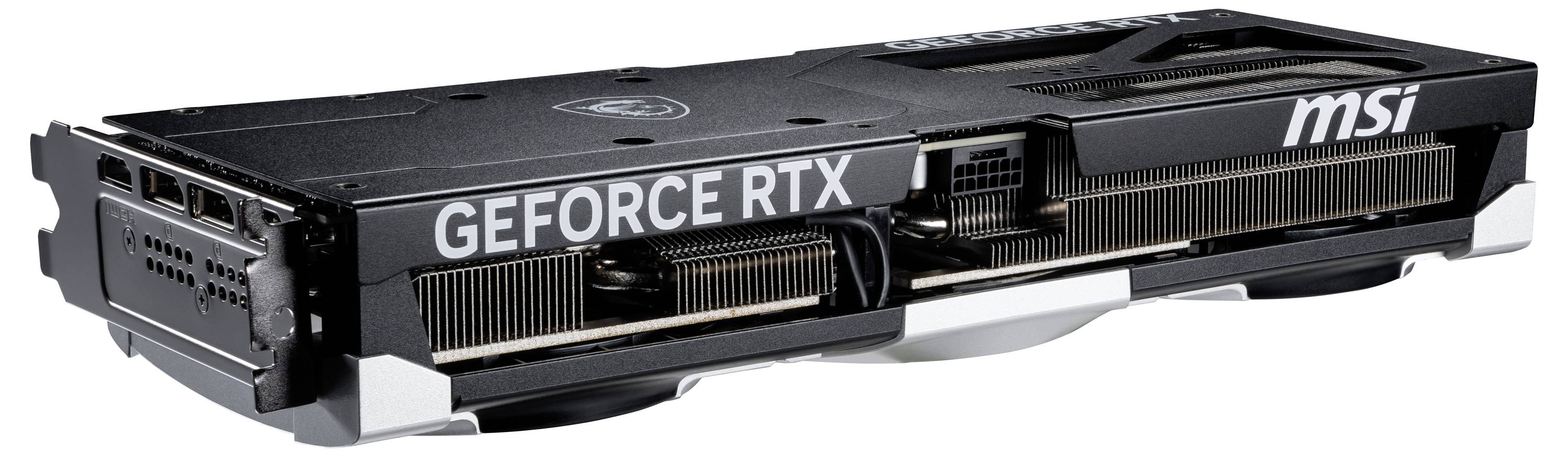 Karta graficzna firmy MSI, model GeForce RTX, prezentująca system chłodzenia z wentylatorem i opcjami podłączenia, odpowiednia do wydajnych komputerów.