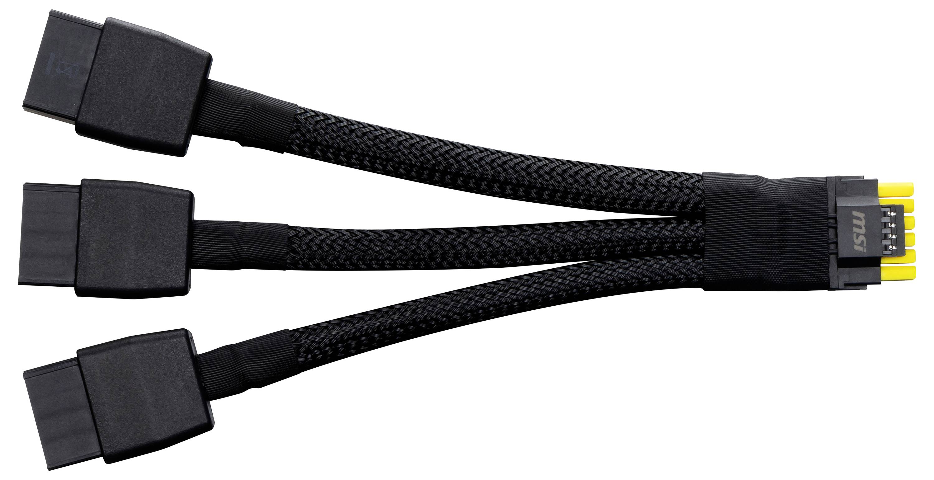 Trójdzielny adapter kablowy z wtyczką PCIe 8-pin i trzema gniazdami 8-pin, często stosowany w kartach graficznych.