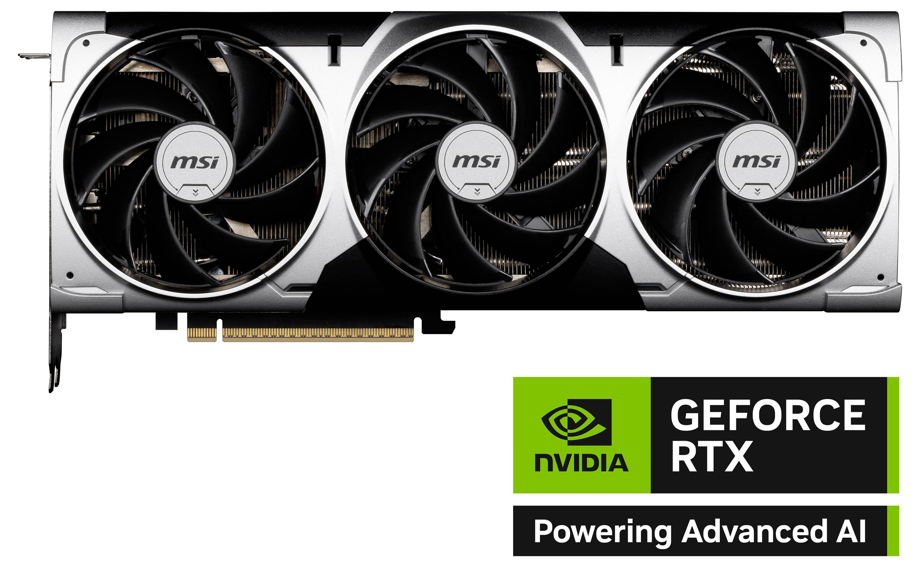Karta graficzna MSI GeForce RTX z trzema wentylatorami. Logo NVIDIA na dole. Tekst: 'Napędzamy zaawansowaną sztuczną inteligencję'.