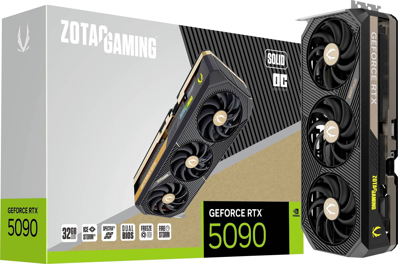 Pudełko karty graficznej 'ZOTAC Gaming GeForce RTX 5090' oraz sama karta z trzema wentylatorami, podkreślone napisami 'SOLID OC' oraz '32GB'.