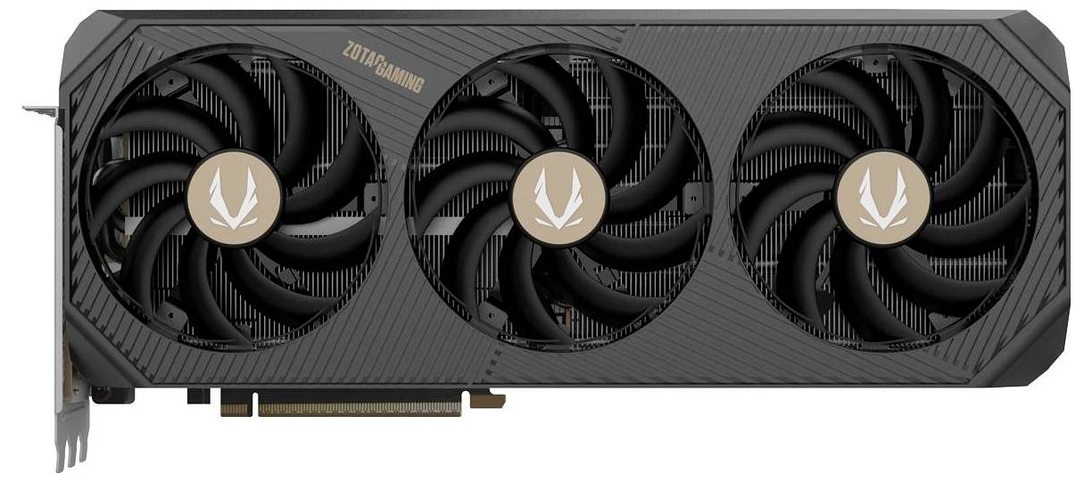 Karta graficzna z trzema dużymi wentylatorami, czarną obudową i napisem 'Zotac Gaming'.