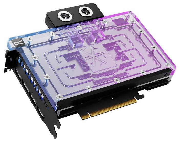 Karta graficzna z przezroczystą obudową i zintegrowanym chłodzeniem cieczowym, prezentująca efekty świetlne.