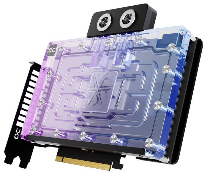 Przezroczysta karta graficzna z blokiem wodnym do chłodzenia; prezentuje fioletowo-niebieskie wzornictwo z podwójnymi złączami i czarnym slotem przyłączeniowym.