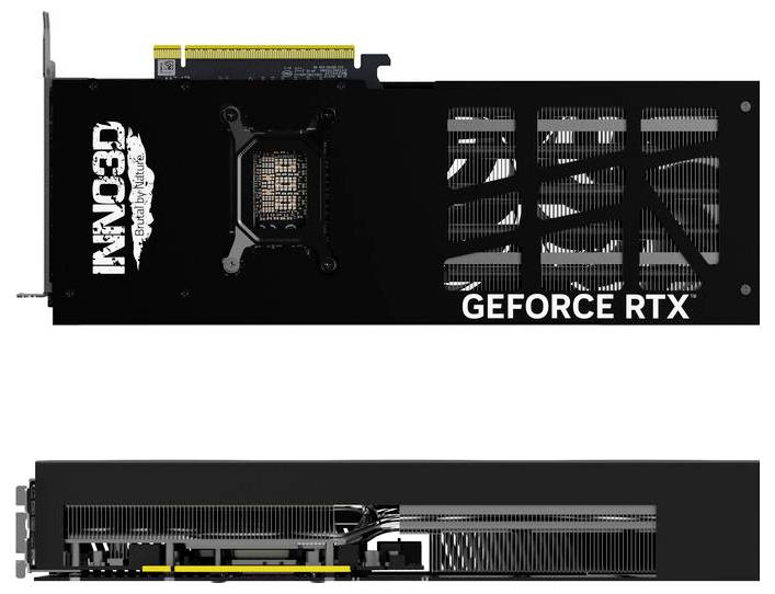 Czarna karta graficzna z napisem 'GeForce RTX' oraz otworami wentylacyjnymi, przedstawiona z widokiem z góry i z boku.