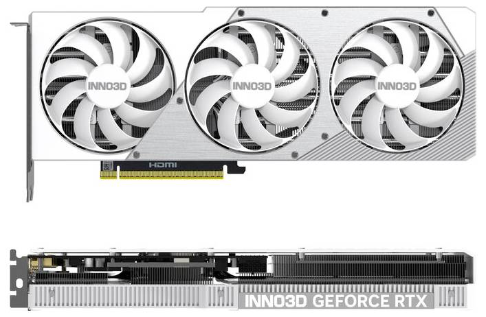 Karta graficzna 'INNO3D GeForce RTX' w srebrnym designie z trzema wentylatorami. Widok z góry i z boku, prezentujący złącze HDMI.