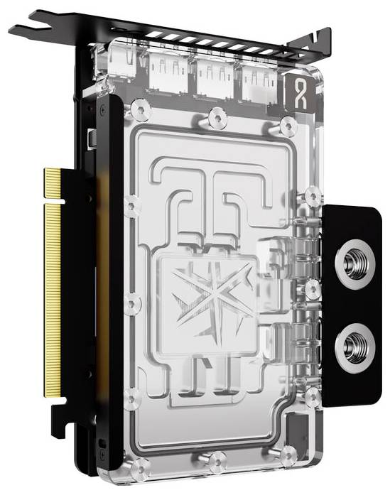 Przezroczysty blok chłodzący do kart graficznych z dwoma przyłączami i widocznymi rurkami chłodzącymi, zaprojektowany z myślą o wydajnym odprowadzaniu ciepła.