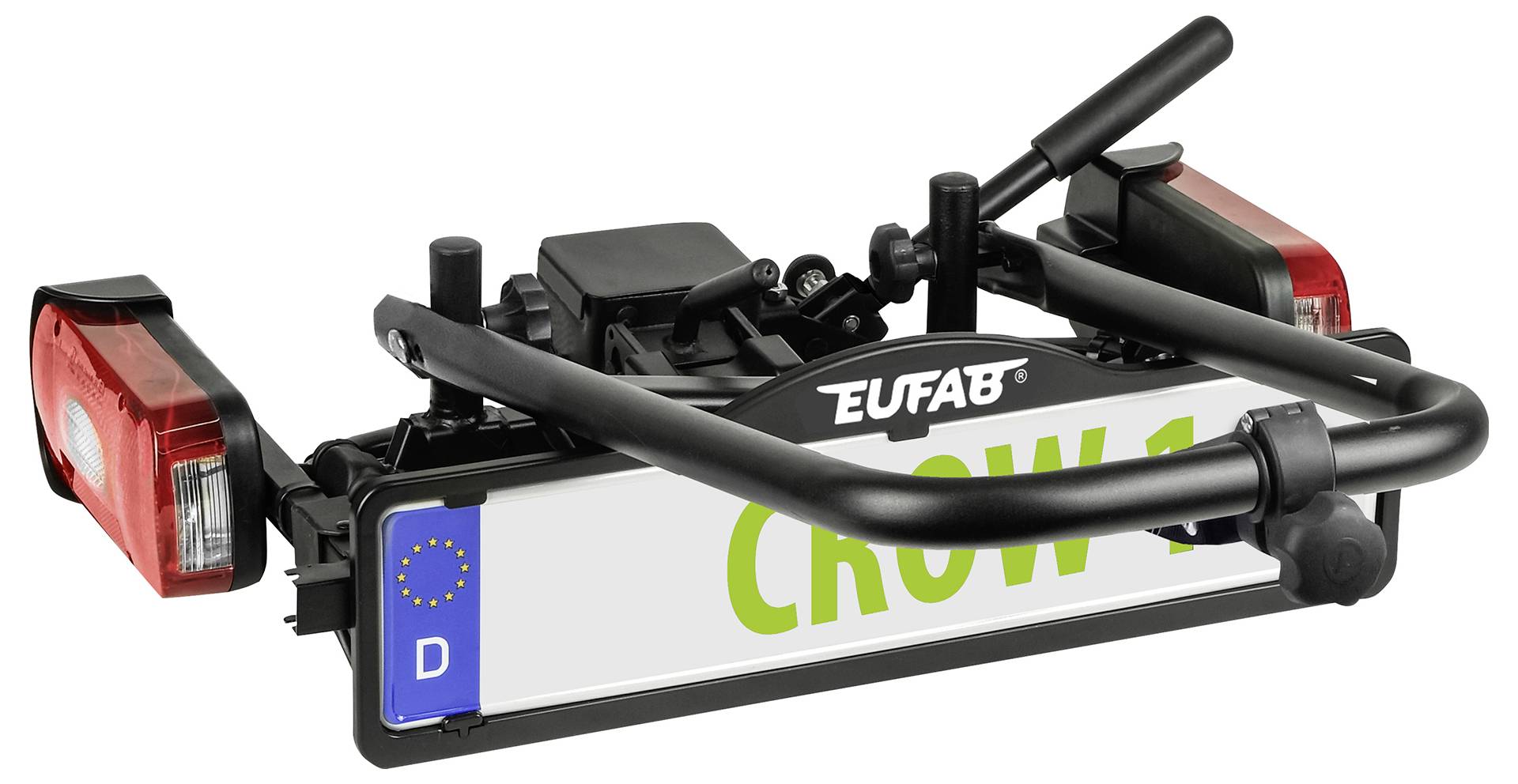 Bagażnik rowerowy marki Eufab z dwoma światłami tylnymi i uchwytem na tablicę rejestracyjną pokazany w kompaktowo złożonym stanie.