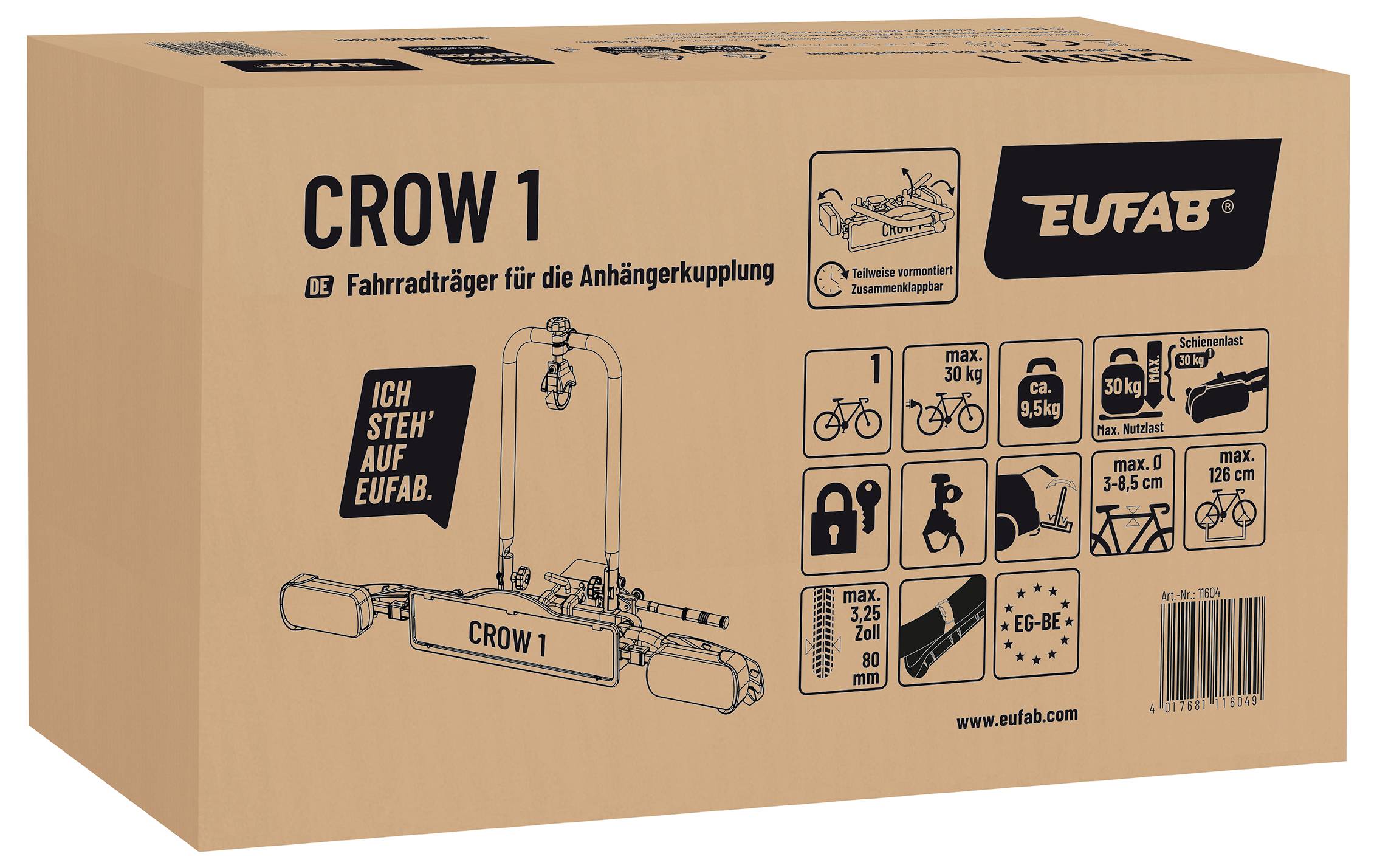 Opakowanie kartonowe bagażnika rowerowego 'CROW 1' z ilustracją i symbolami dotyczącymi instalacji oraz klasy wagowej, marka 'Eufab'.