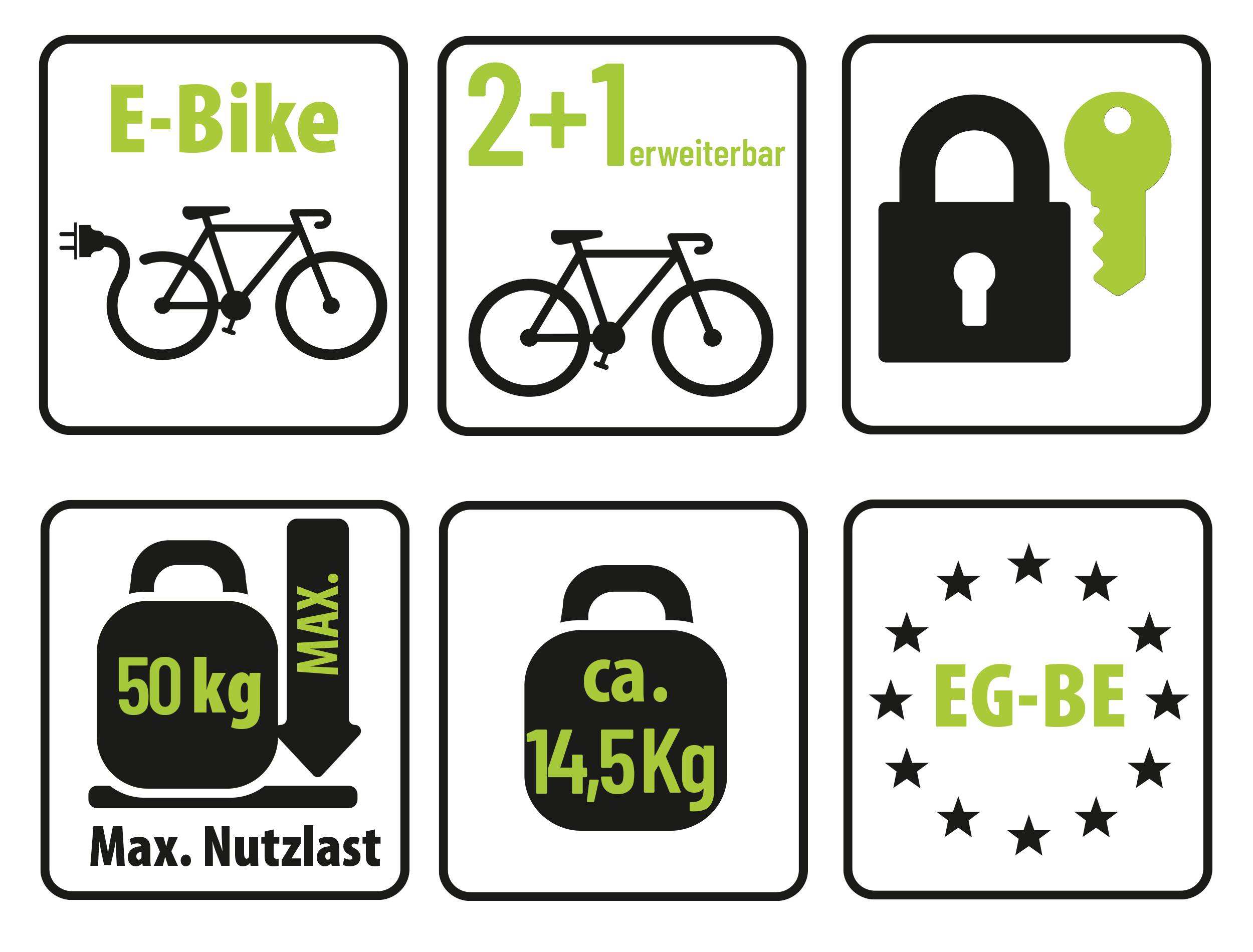 'E-Bike', 'rozszerzalny 2+1', Rower, Zamek z kluczem, '50 kg Maks. ładowność', 'ok. 14,5 kg', Symbol z gwiazdkami, 'EG-BE'.