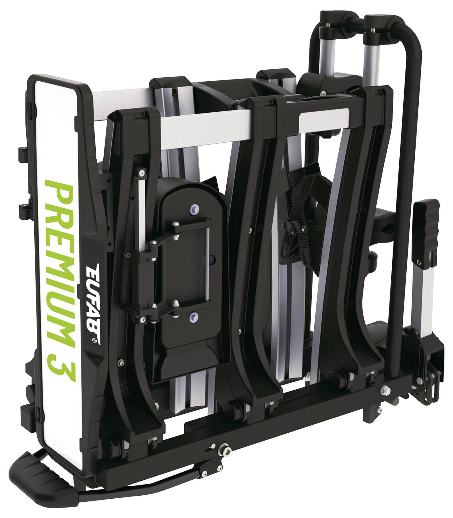 Składany bagażnik rowerowy, czarny, z białą tabliczką z napisem 'PREMIUM 3', przeznaczony do transportu trzech rowerów.