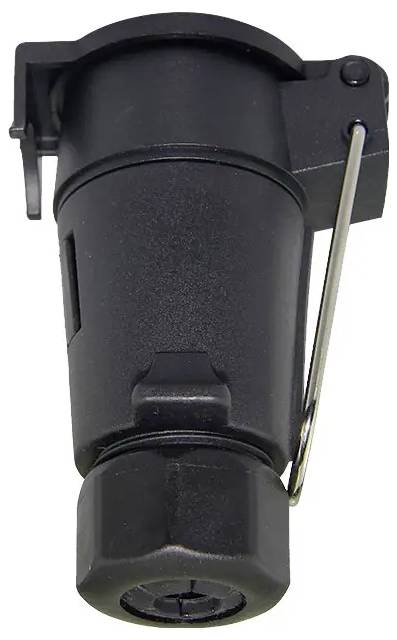 Czarny elektryczny adapter wtykowy z wytrzymałą obudową i metalowym zaciskiem, odpowiedni do połączeń w pojazdach.